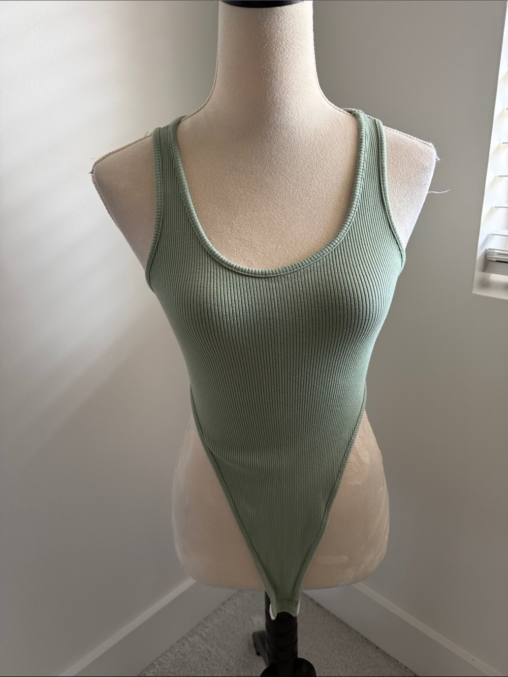 Ribbed Scoop Neck Women's Bodysuit - Sage Green